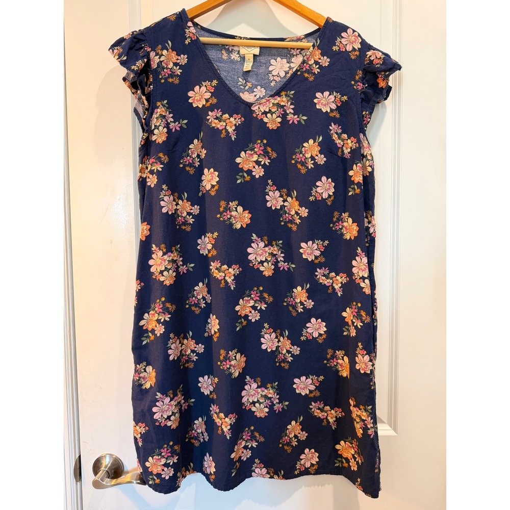 St. Johns Bay Navy Floral Ruffle Sleeve Shift Dress XL Pockets Rayon Linen Blend